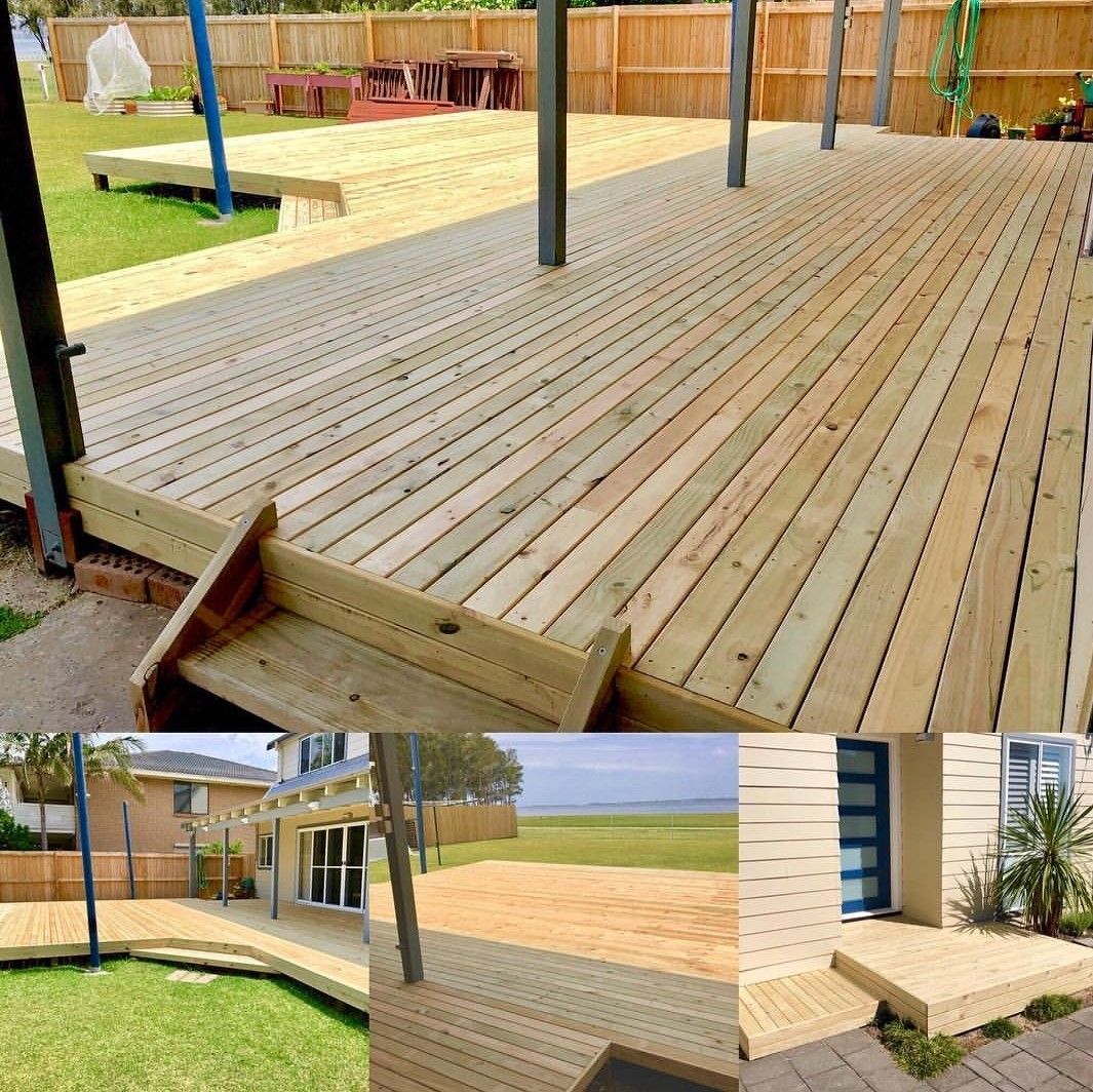 a collage of different well constructed decks using Southern pine, showing off the differentutilisations of pine decking
